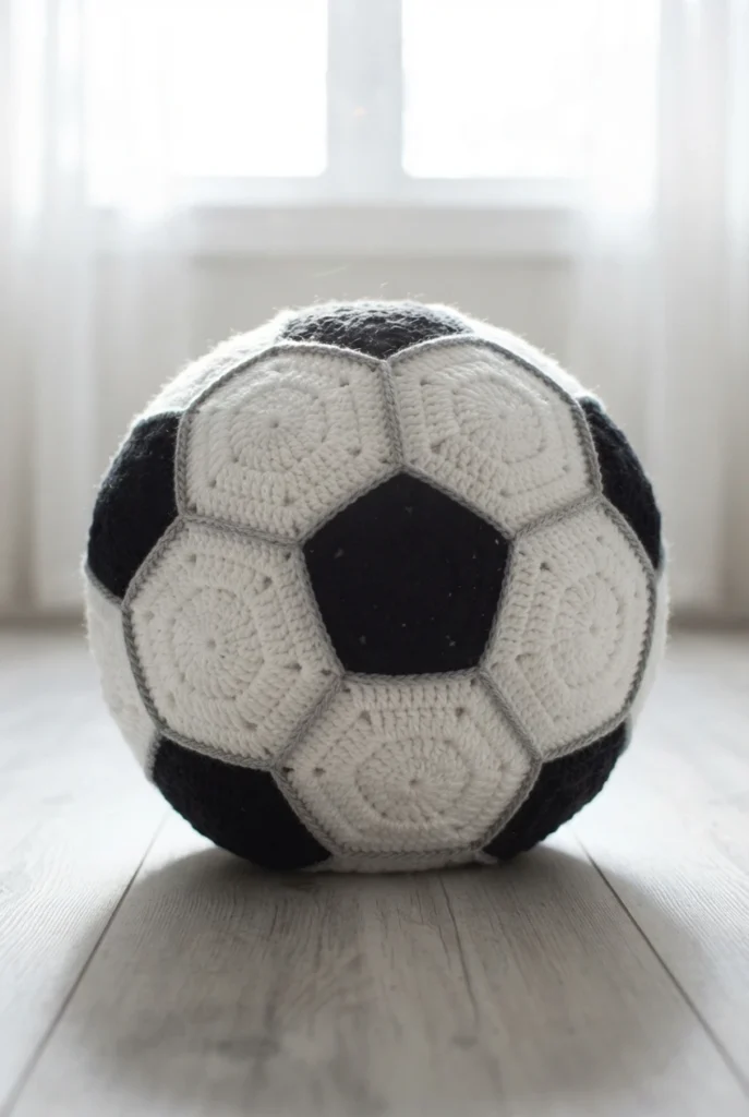 Crocheted soccer ball with black pentagons and white hexagons resting on a light wood floor near a window