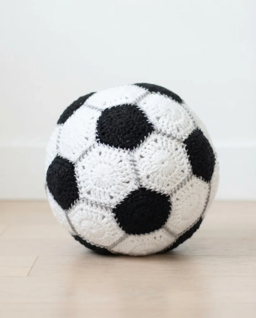 A finished crocheted soccer ball with black pentagon patches and white hexagon panels.