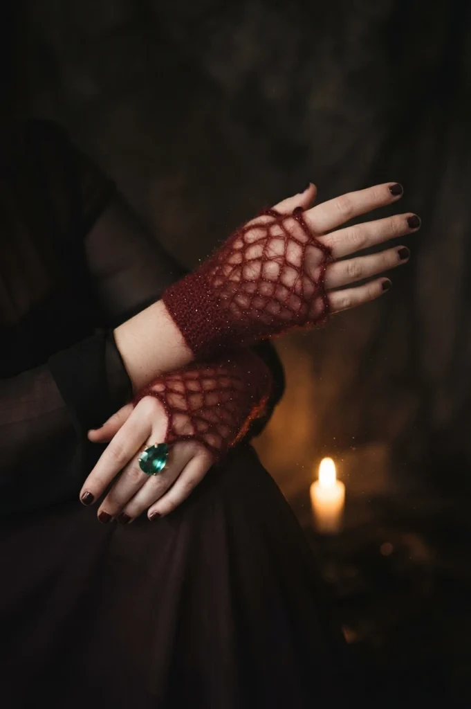 Hands wearing red crocheted mesh fingerless gloves, one with a green stone ring, posed in front of a lit candle against a dark background