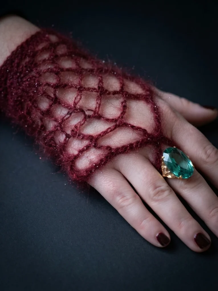 A hand wearing a dark red crochet fingerless glove with an open mesh pattern and a large teal gemstone ring, photographed against a dark background.