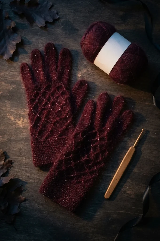 Two dark burgundy crocheted gloves with a diamond mesh pattern lying flat on a dark wooden surface, next to a ball of yarn with a plain white band, a wooden crochet hook and dried leaves.