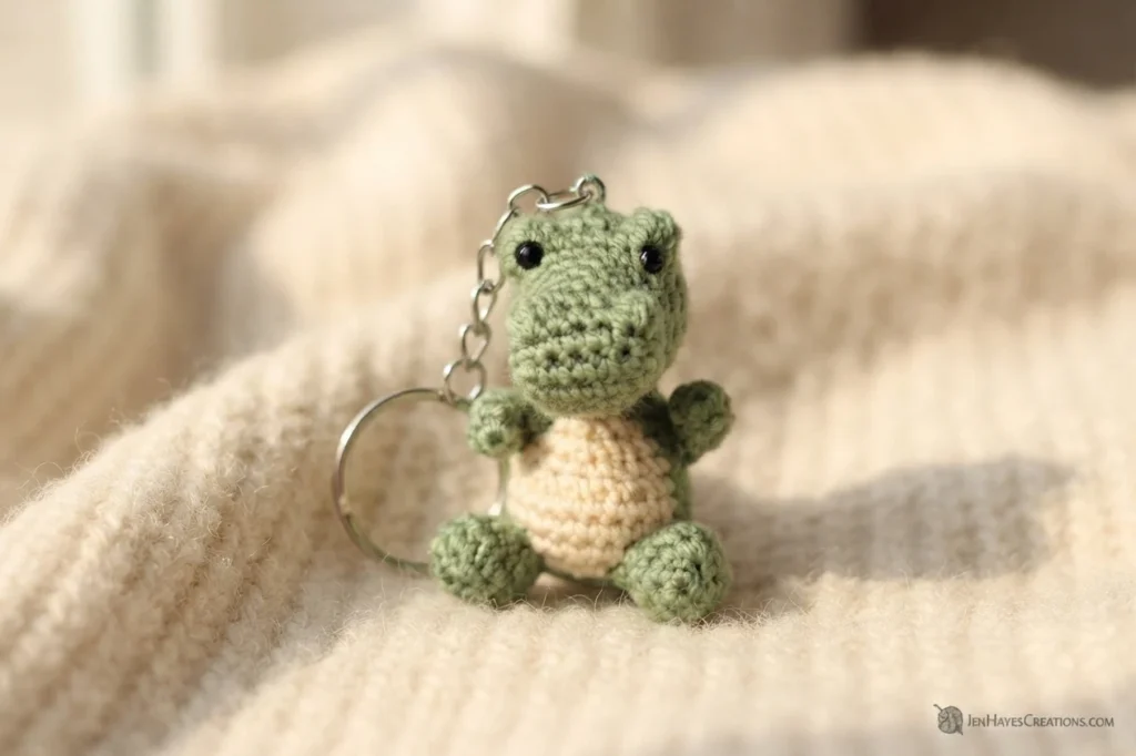 Small green crocheted alligator with a cream belly attached to a silver keychain, sitting on a cream knitted blanket.