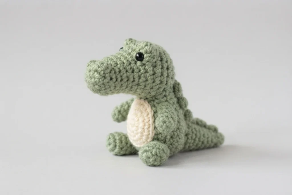 A small sage-green crocheted alligator with a cream belly sitting alone against a plain light background.
