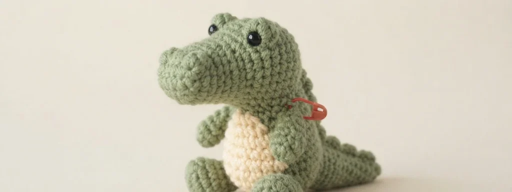 Small green crochet alligator with cream belly and black eyes, shown in side view with a small red stitch marker clipped to its side on a plain light background.