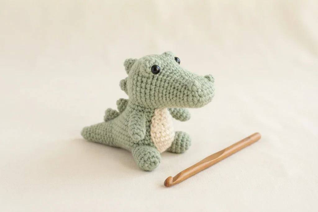 Small sage-green crocheted alligator with a cream tummy and black safety eyes sitting next to a wooden crochet hook on a light fabric background.