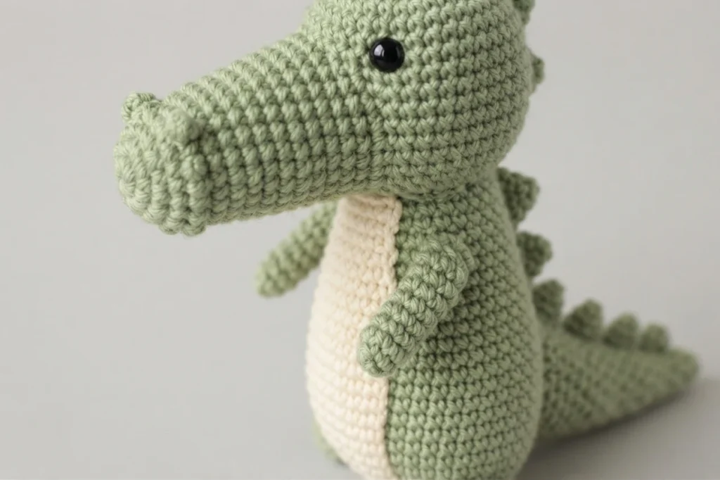 Green crocheted alligator with a cream-colored belly and black safety eyes, shown from the side against a plain light background.