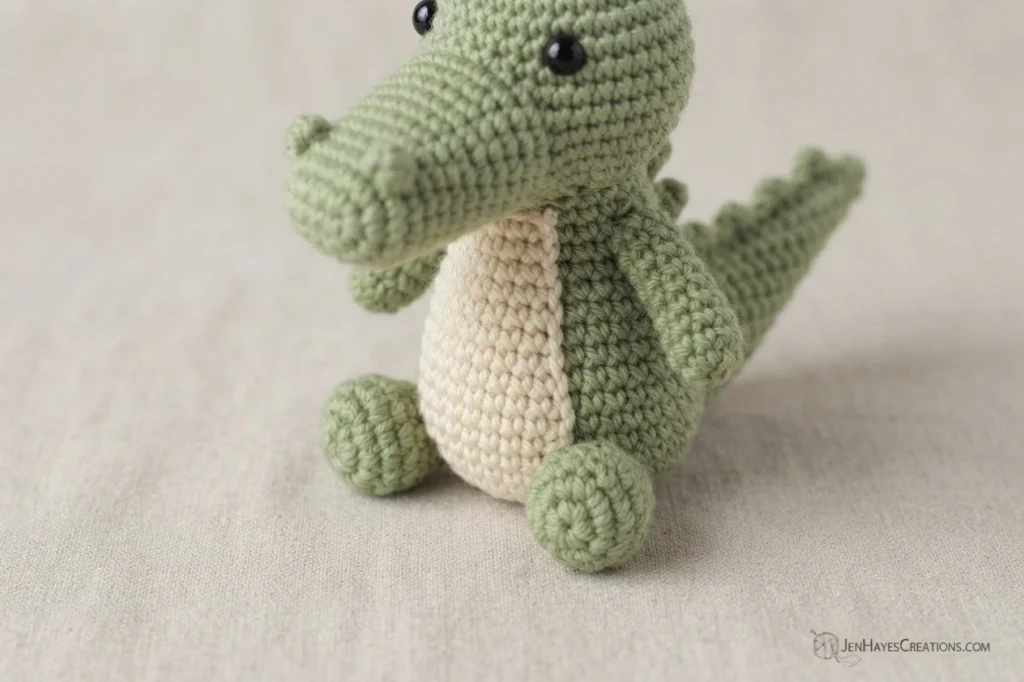 Small green crocheted alligator with a cream belly sitting on light fabric.