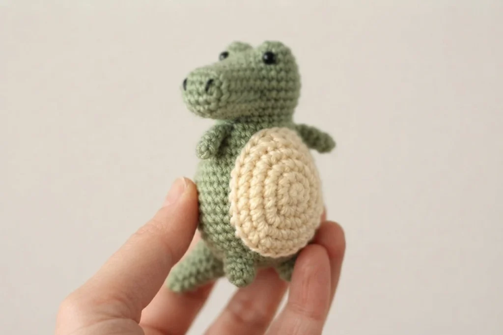 Hand holding a finished small crochet alligator in sage green with a cream tummy, viewed from the side against a plain background.