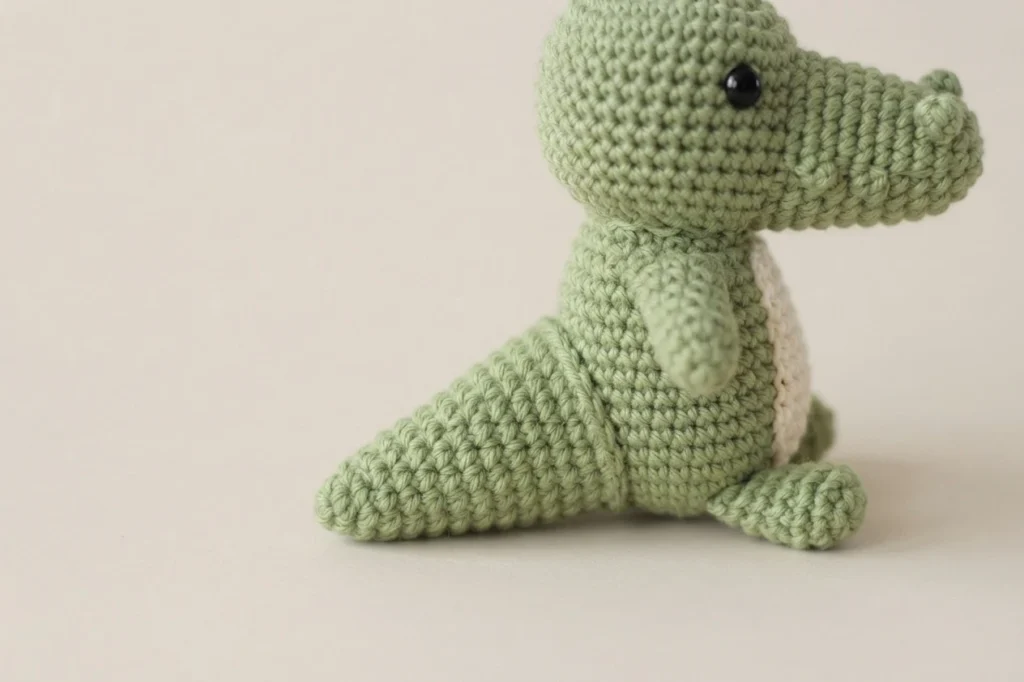 Side view of a small green crocheted alligator with cream belly and pointed tail, sitting on a plain light background.