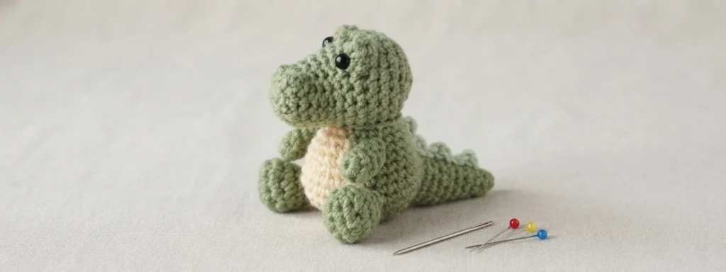 Side view of a small green crochet alligator with a cream tummy, with a tapestry needle and colorful pins beside it on light fabric