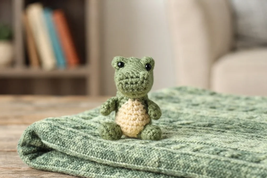Small green crocheted alligator with a cream belly sitting on a folded green blanket.