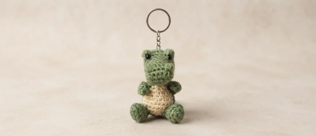 Small green crochet alligator with a cream tummy and black safety eyes, a metal keyring and chain attached to its head, sitting on a plain light background.