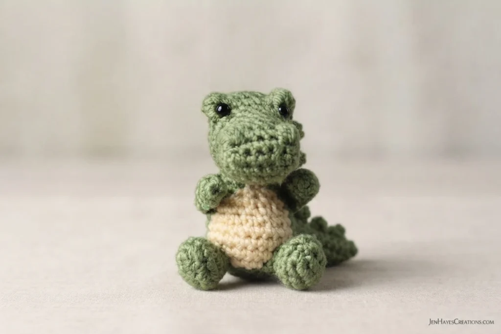 A small green crocheted alligator with a cream-colored tummy sitting against a plain neutral background.