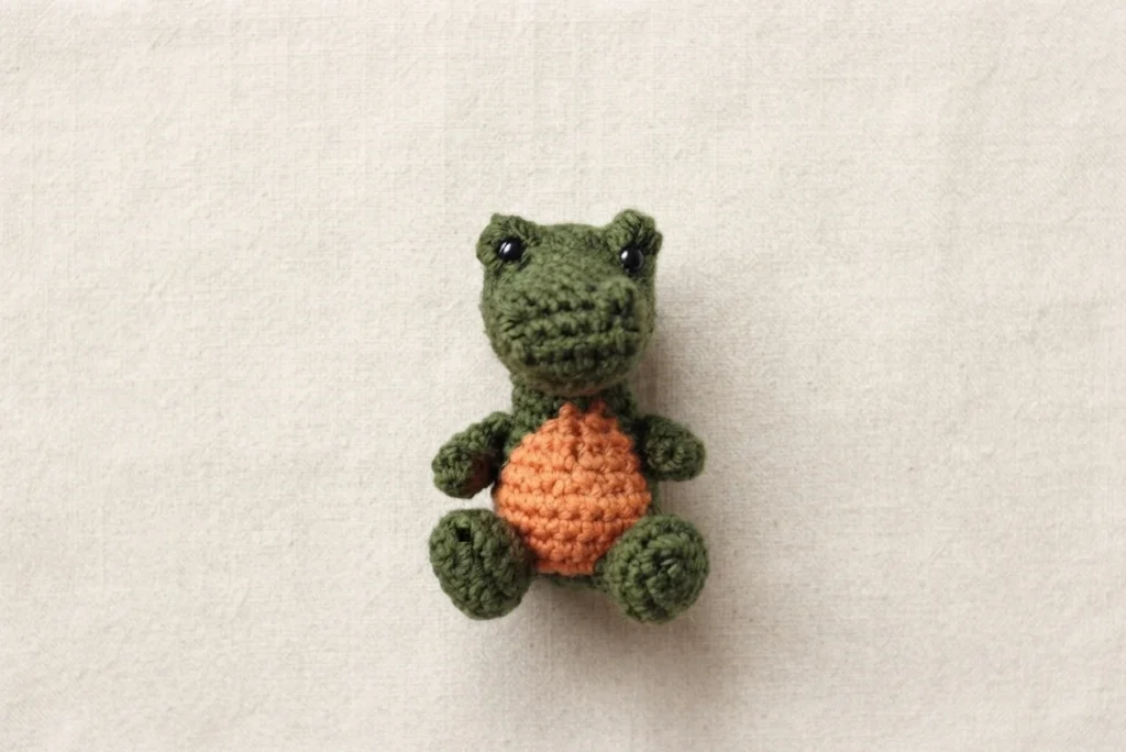 Small dark green crocheted alligator with an orange tummy sitting centered on a plain light background.