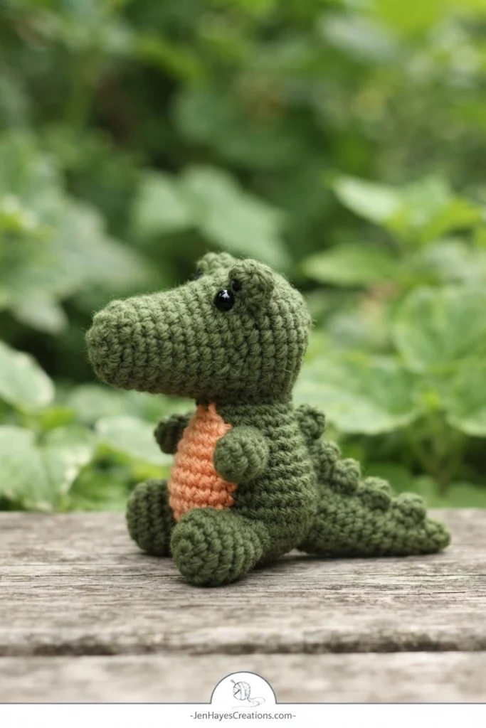 Small dark green crochet alligator with peach orange belly sitting sideways on a wooden surface with blurred green foliage behind.