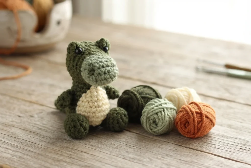A small crocheted green alligator with a cream belly sitting on a wooden table next to four balls of yarn in dark green, sage green, cream and orange, with crochet hooks softly blurred in the background.