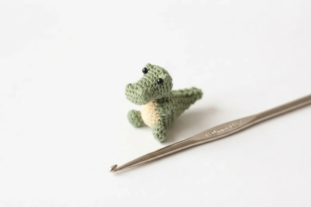 A tiny green crocheted alligator with a cream belly beside a 1.50 mm crochet hook on a white background.