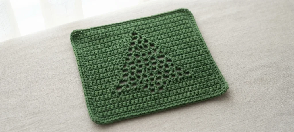 Green crocheted square washcloth with an openwork fir tree motif resting on light fabric
