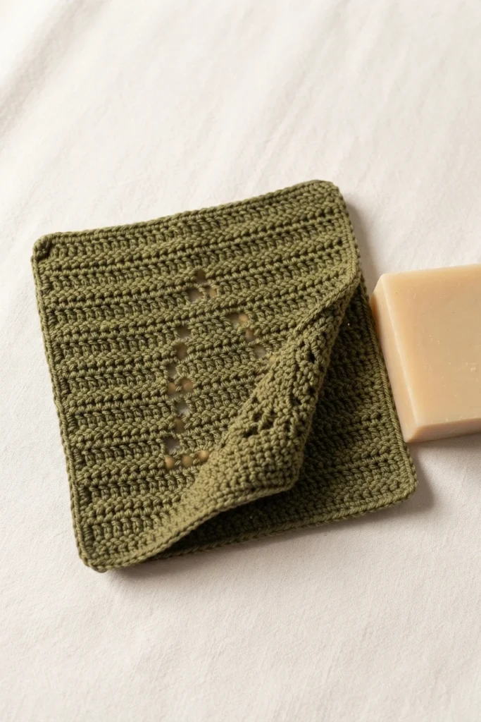 Olive green crocheted washcloth with openwork fir tree motif, folded corner beside a bar of soap on white fabric.