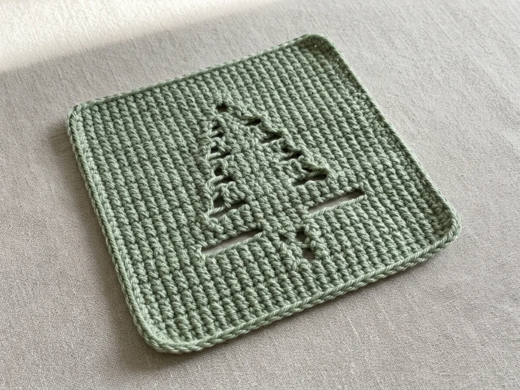 A light sage green crocheted square washcloth with an openwork fir tree motif and a rounded border, lying on beige linen fabric.