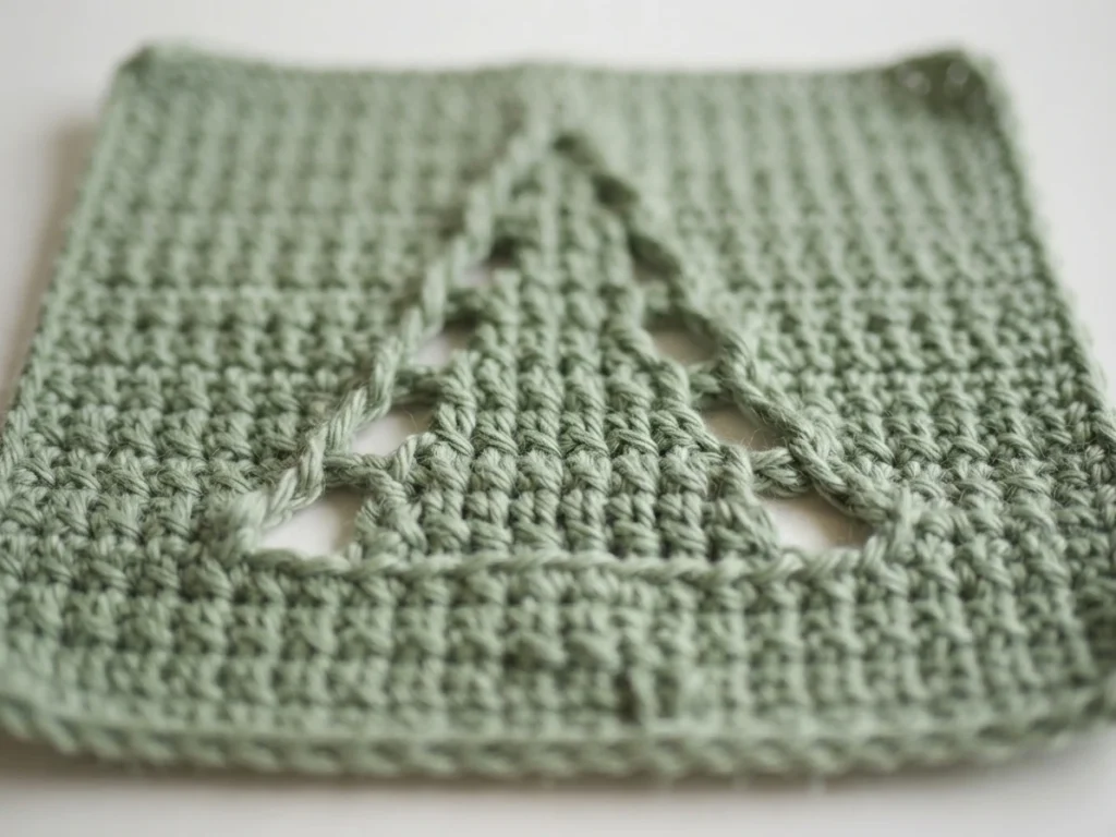 A light sage-green crocheted washcloth with a fir tree outline formed by chain spaces, photographed flat on a white background.