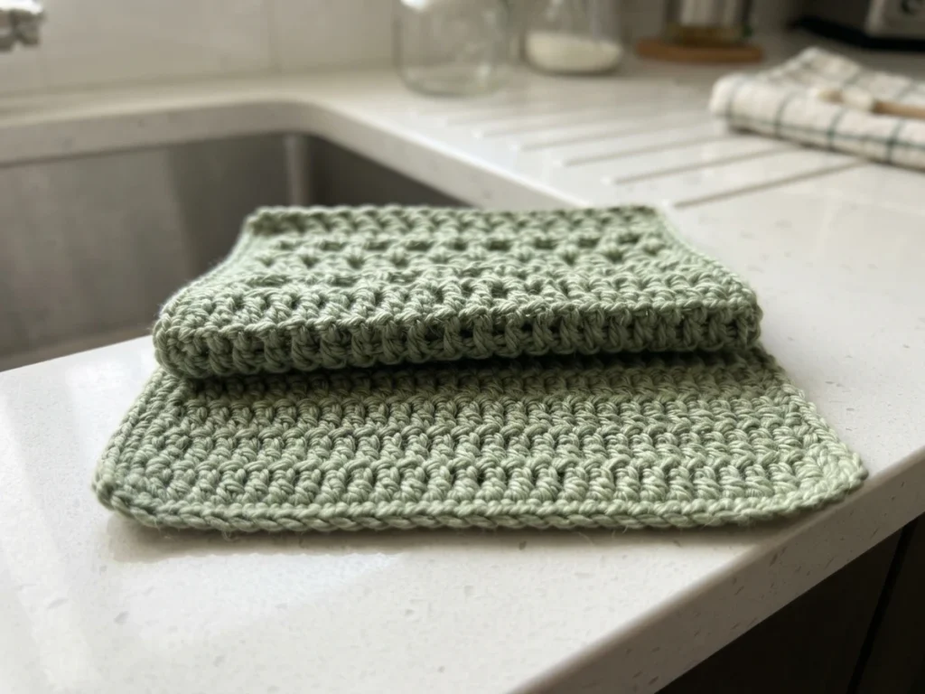 Two folded light sage-green crocheted washcloths resting on a white kitchen counter beside a sink.