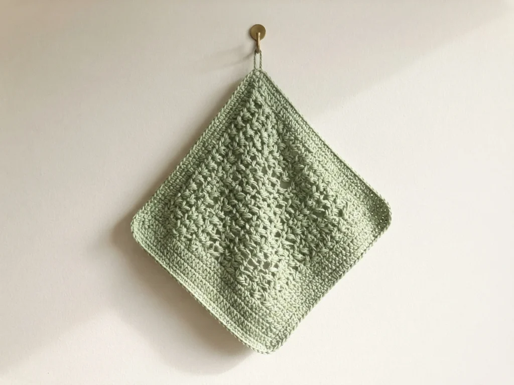 Light green crocheted washcloth with openwork fir tree motif and finished border, hanging from a small brass hook on a white wall