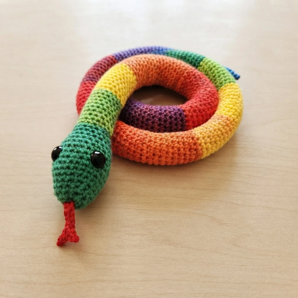 Crocheted rainbow striped snake coiled in a spiral with black eyes and a small red forked tongue on a light wooden surface.