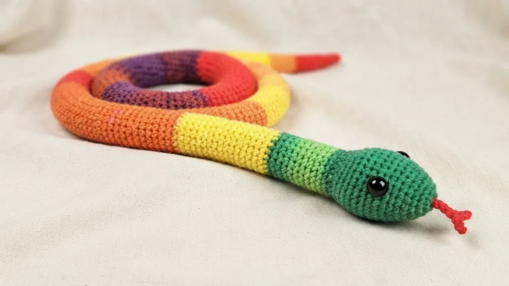 Crocheted rainbow-striped snake amigurumi with black safety eyes and a red forked tongue on a light beige fabric background.