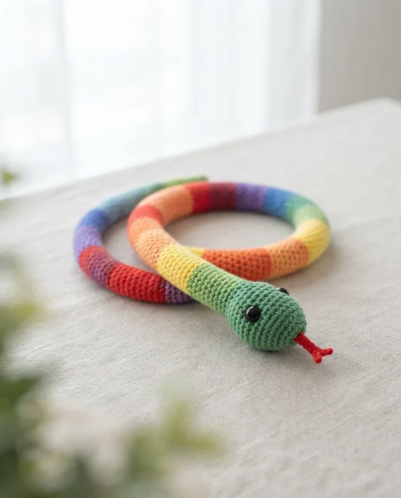 Crocheted rainbow striped snake with green head, black eyes and red forked tongue, coiled on a light fabric surface.
