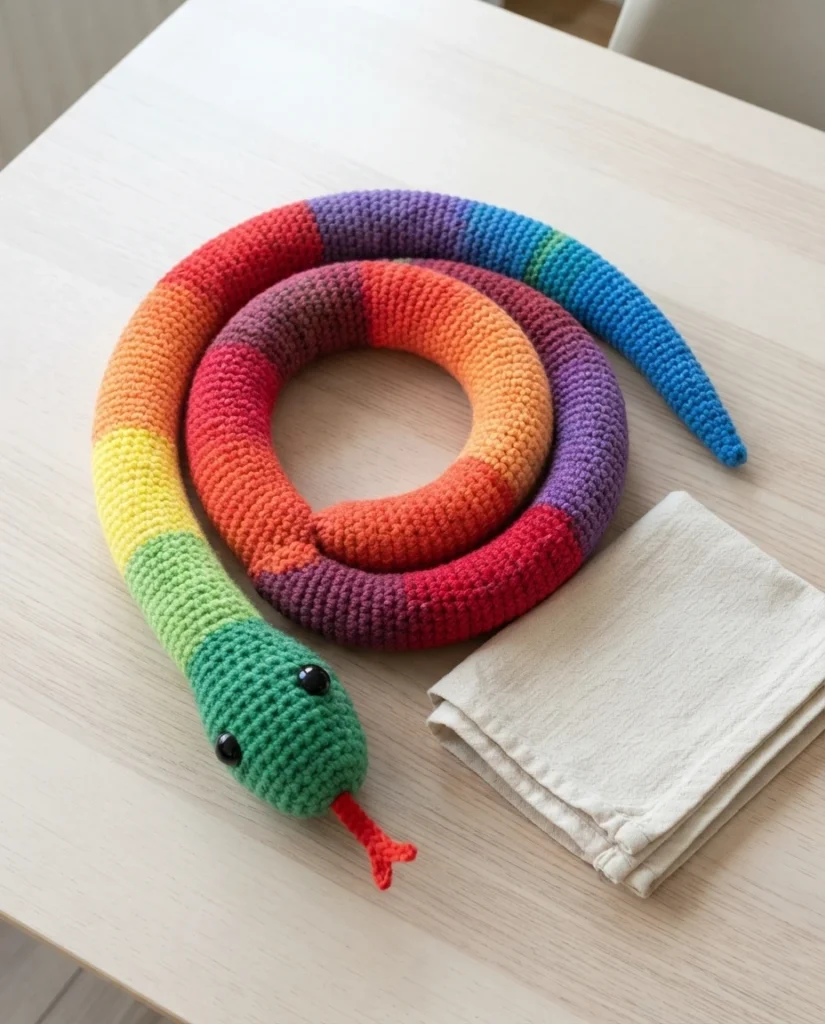 Large rainbow-striped crochet snake coiled on a light wooden table beside a folded beige cloth