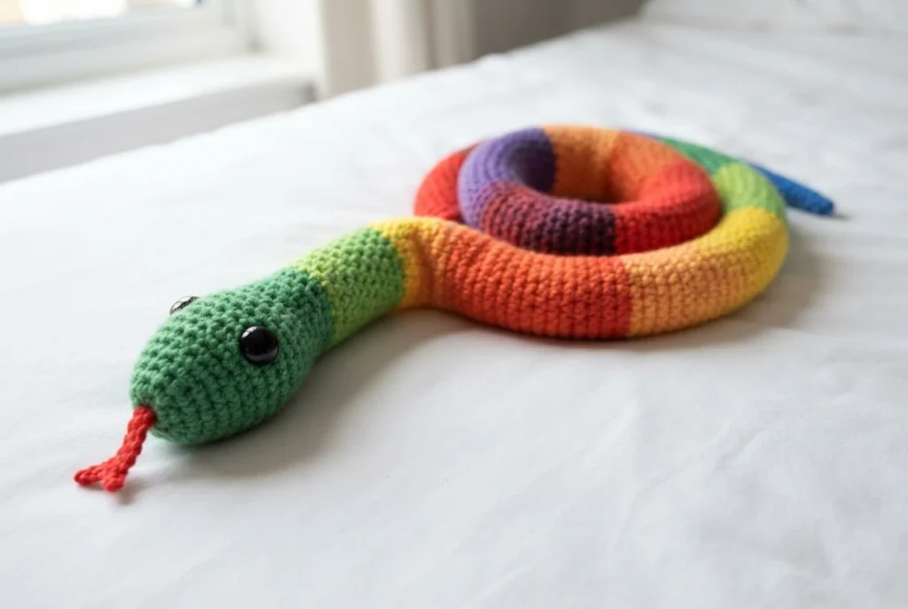 Rainbow crochet snake with green head, safety eyes and red tongue lying coiled on white fabric near a window