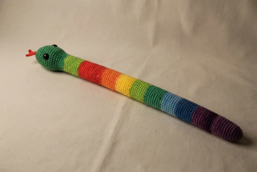 Long crocheted rainbow snake with green head, black eyes and small red tongue lying straight on beige fabric, with rainbow striped body ending in a purple tail.