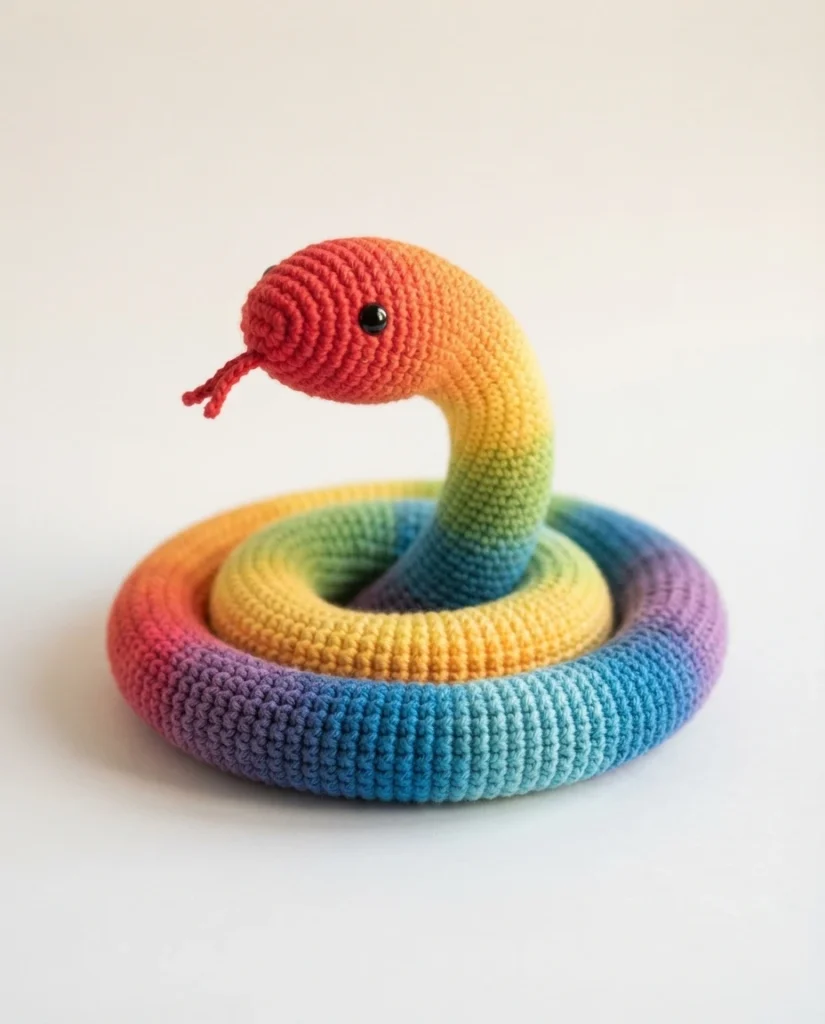 A crocheted rainbow snake with a red head fading through orange, yellow, green, blue and purple, coiled with its head raised, black safety eyes and a small red forked tongue, on a plain white background.