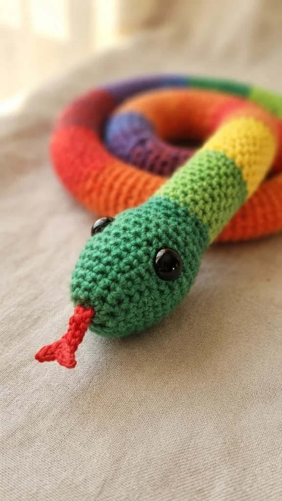 Crocheted rainbow striped snake with green head, black safety eyes and small red forked tongue, coiled on light beige fabric