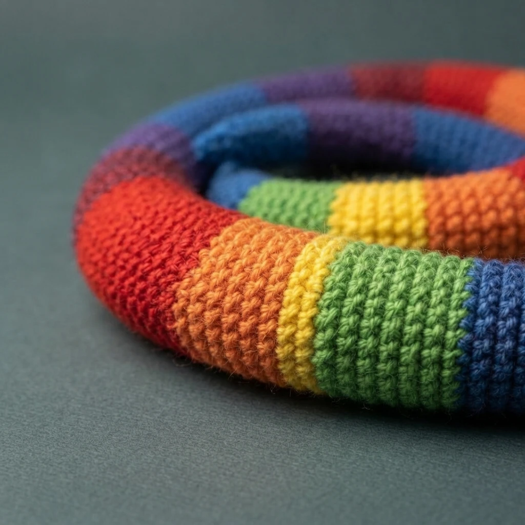 Close-up of a coiled crochet rainbow snake showing red, orange, yellow, green, blue and purple stripes on a plain grey background