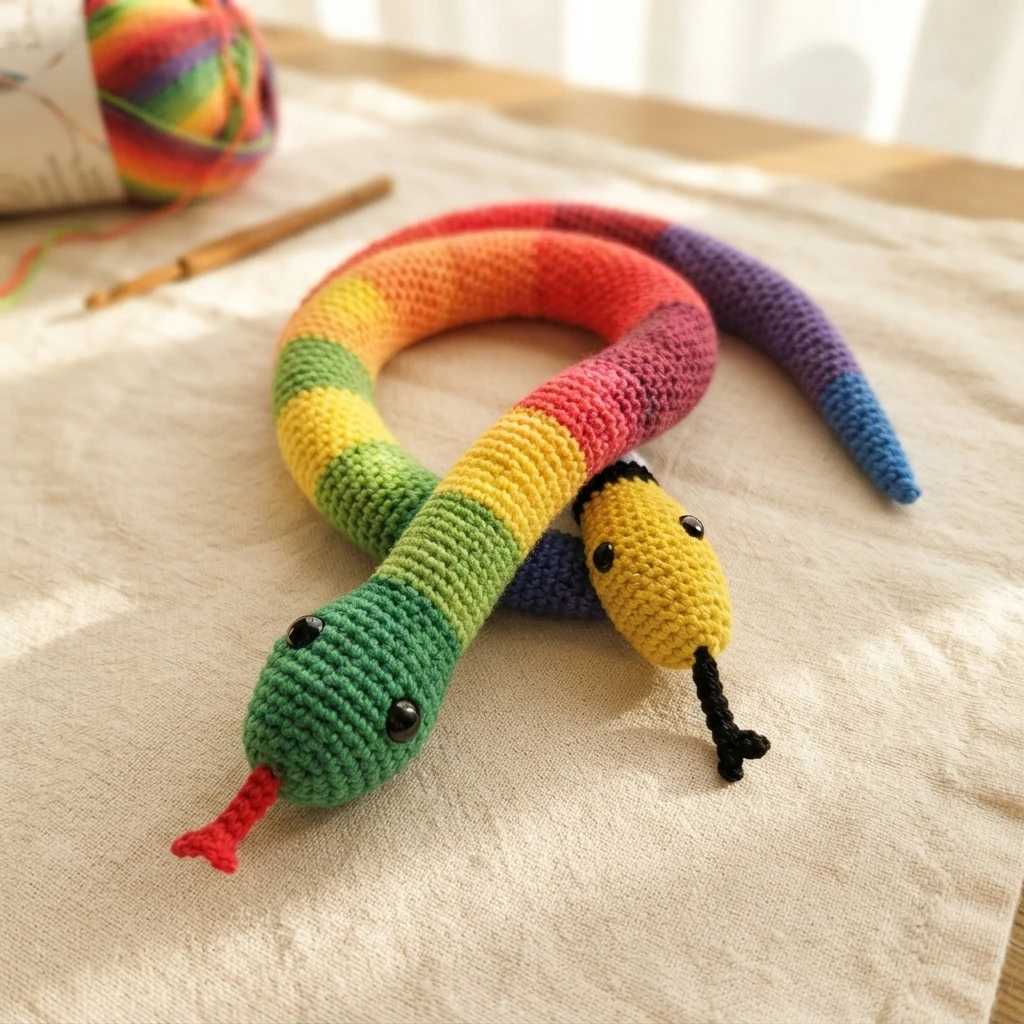 Two crocheted snakes, one with rainbow stripes and a green head and red tongue, and one with a yellow head and black tongue, coiled on light fabric beside a ball of rainbow yarn and a wooden crochet hook.