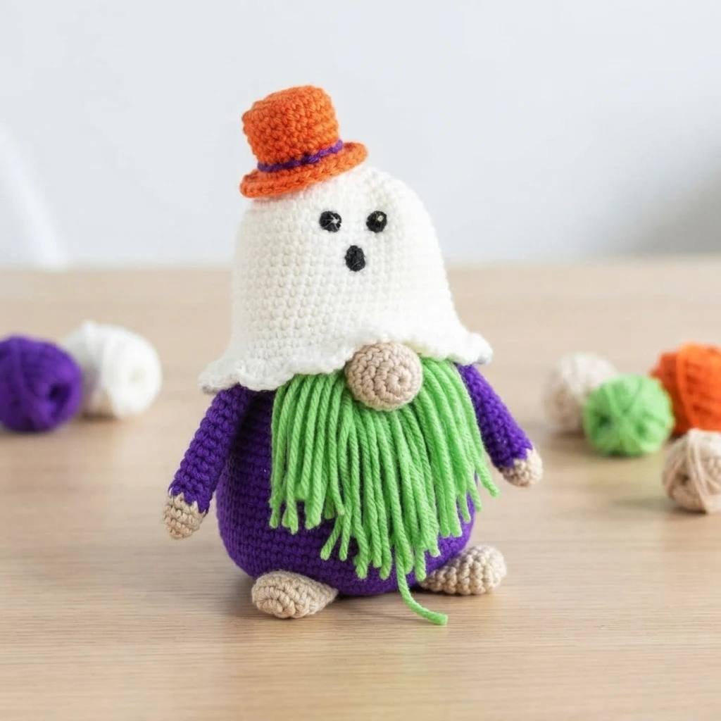 Crocheted ghost gnome assembled on a wooden surface: white ghost hat with black embroidered eyes and open mouth, small orange top hat with a purple band, purple body, tan nose, green yarn beard, and tan hands and feet, with blurred yarn bal