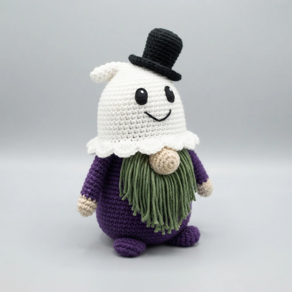 Crocheted ghost gnome with a white ghost-shaped hat with scalloped edge, a black top hat, purple body, green yarn beard, tan nose and a smiling face, on a plain gray background.