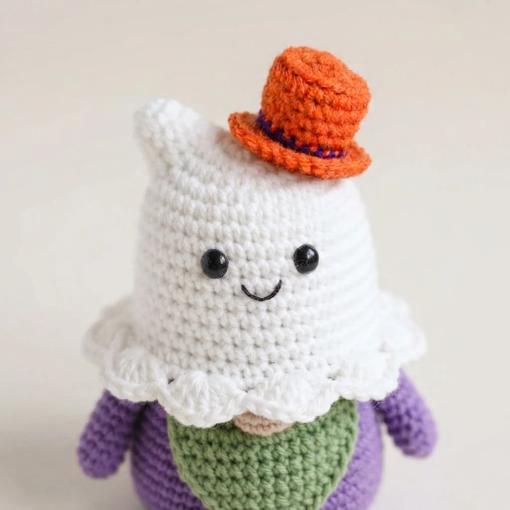 Crocheted white ghost hat with a scalloped ruffle edge, black bead eyes and a small stitched smile, topped by an orange crocheted top hat with a purple band, worn on a purple gnome body with a green yarn beard.