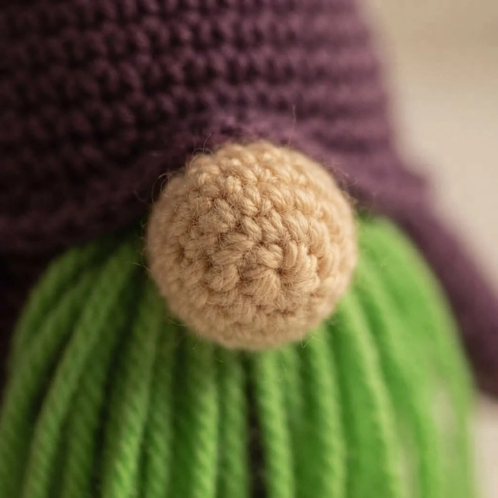 Close-up of a small beige crocheted ball nose stitched onto a purple crocheted body, with green yarn fringe hanging below it.