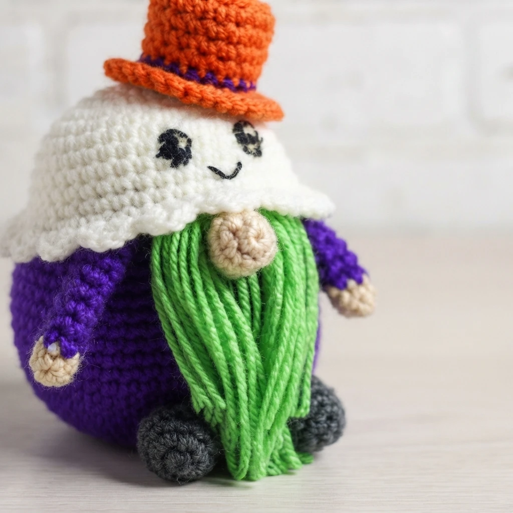 Crocheted ghost gnome with a white hood topped by an orange top hat with a purple band, purple body, long green yarn beard strands, cream nose and hands, and dark grey feet, standing on a white surface.