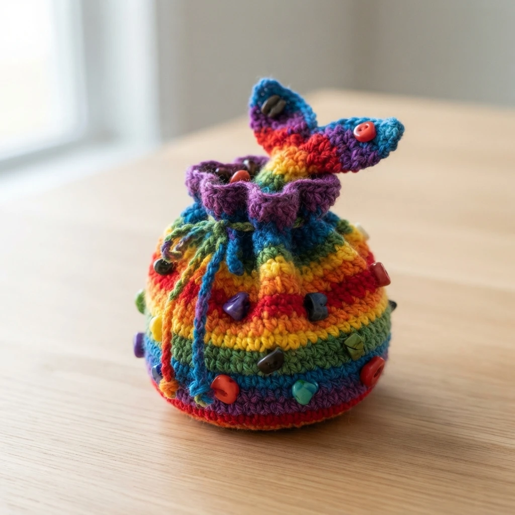 Rainbow striped crocheted drawstring pouch with a mermaid tail fin on top, decorated with colorful beads, sitting on a wooden table.