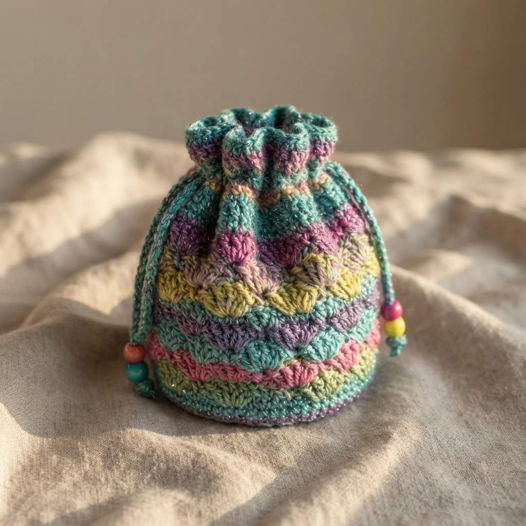 Crocheted drawstring pouch in teal, purple, pink and yellow green shell stitch with beaded drawstring ends, resting on beige fabric.