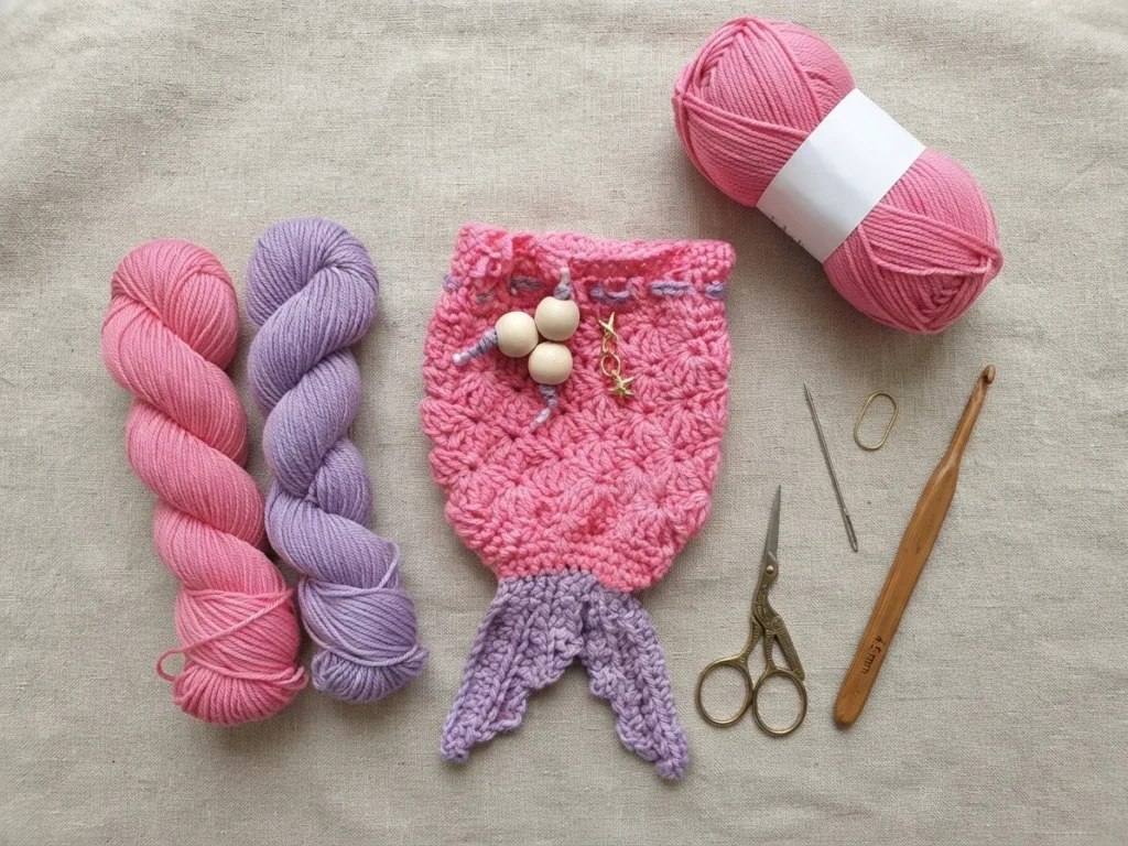 Pink crochet mermaid tail dice bag with purple tail, wooden beads and gold star charm, beside pink and purple yarn, scissors, needle and crochet hook on beige fabric.
