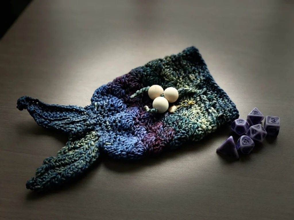Crocheted mermaid tail dice bag in blue, purple and green yarn lying flat with white beads and purple dice beside it.