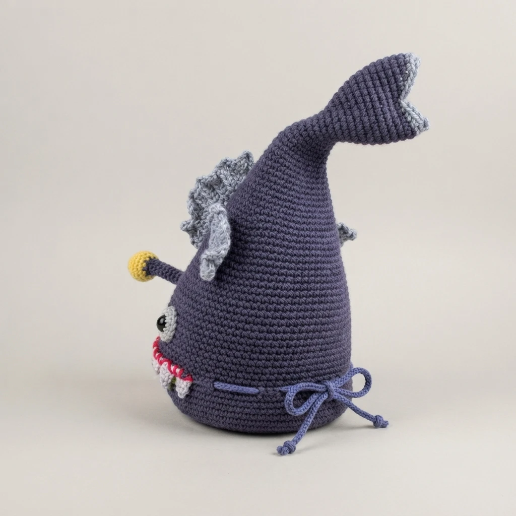 Crocheted mermaid tail dice bag in dark purple with light blue fins, red and white trim, and a yellow lure accent, photographed on a plain background.