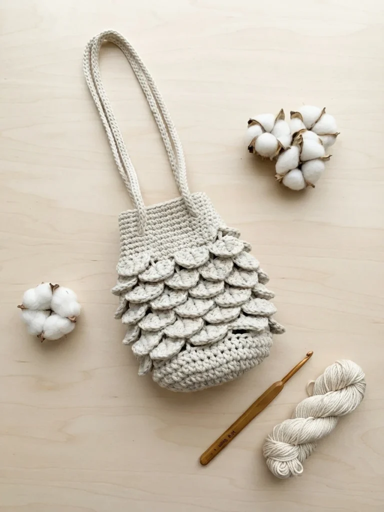 Ecru crocheted mini bag with crocodile stitch scales and a long strap on a light wooden surface, beside cotton bolls, a crochet hook and a skein of yarn.