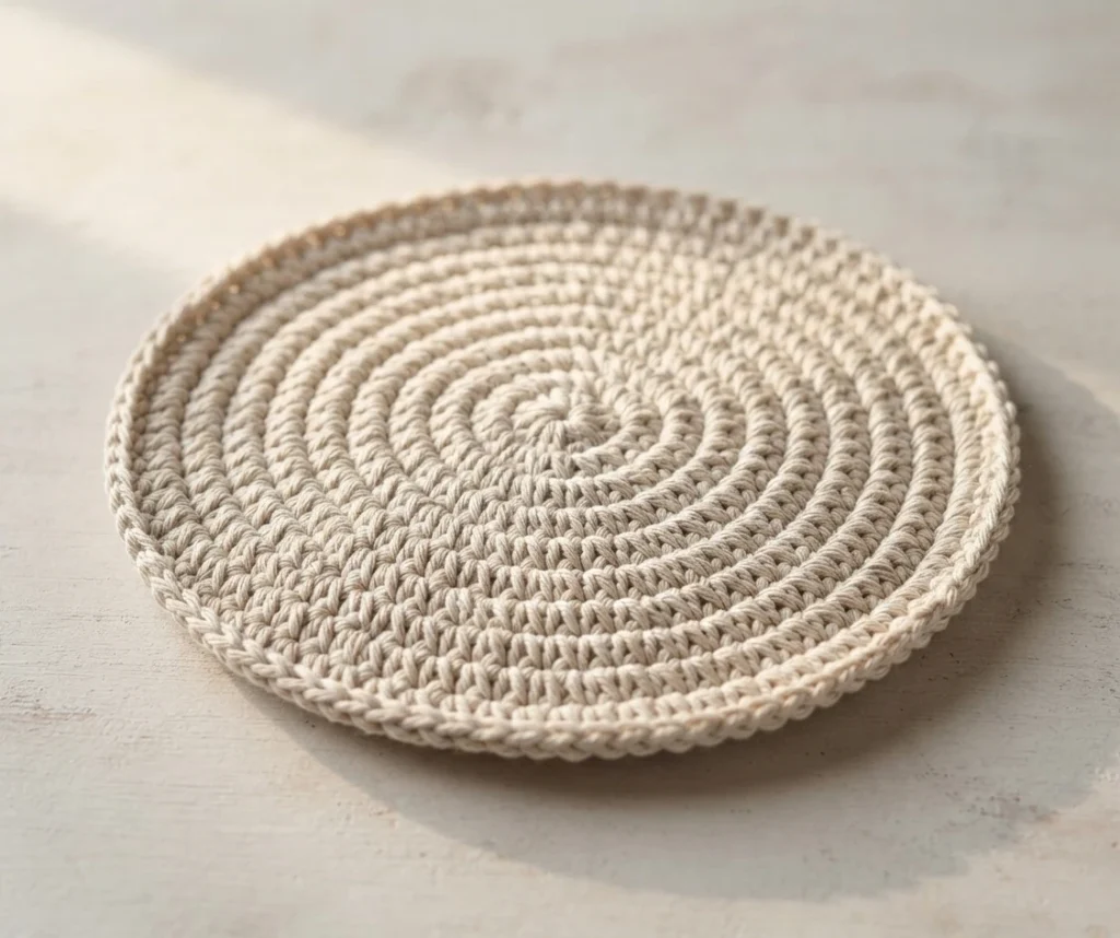 Flat round beige crochet base with concentric spiral stitches on a light surface