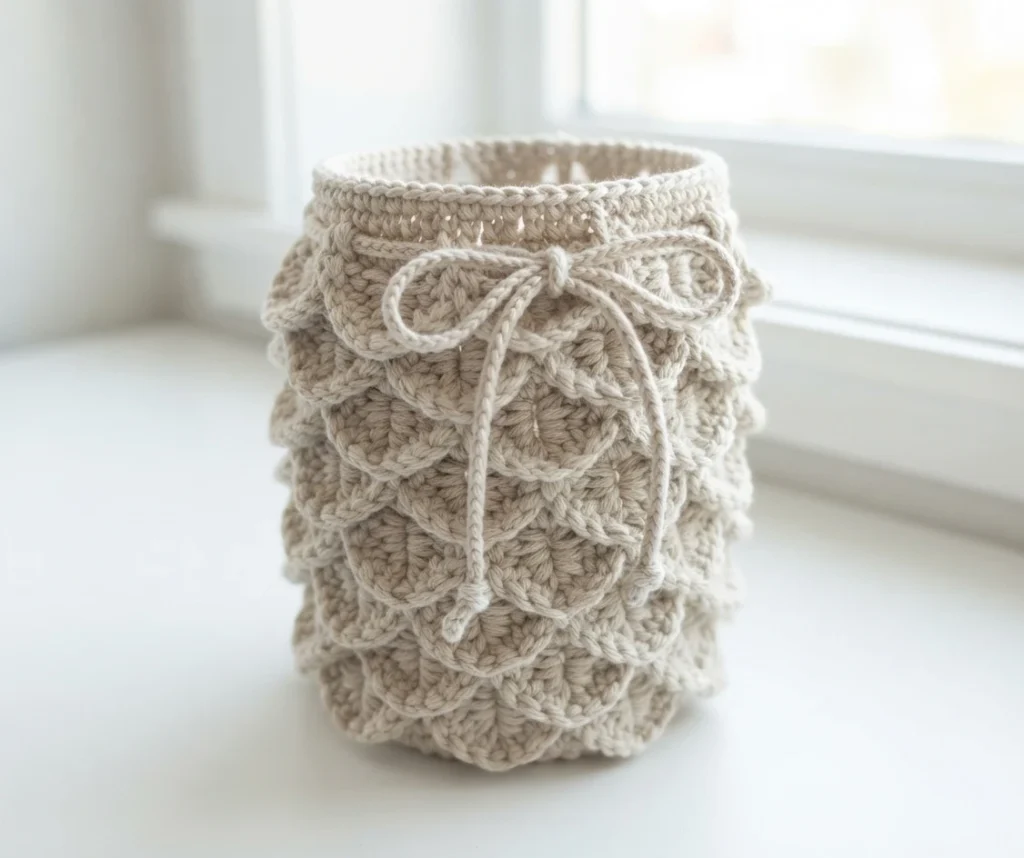 Mini crocodile stitch crochet bag in ecru with a drawstring bow closure
